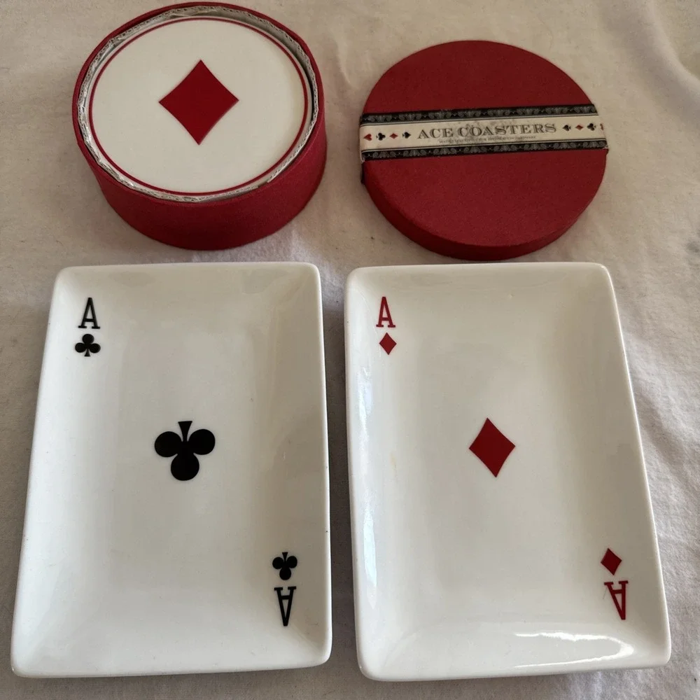 Restoration Hardware Ace Coasters Set of 4 Playing Card Suits 2 Plates Ceramic